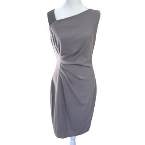 Elie Tahari Sheath Dress Sz 4 Gray Asymmetrical Leather Trim Quiet Luxury Luxe